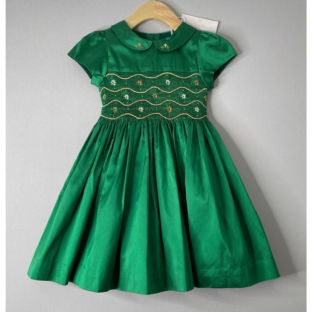 NWT Antoinette Paris Green Silk Blend Smocked Stella Party Dress Girls 5 Yrs